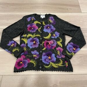 Alpaca Imports Womens L (fits M)Purple Floral Wool Blend Sweater Button Cardigan